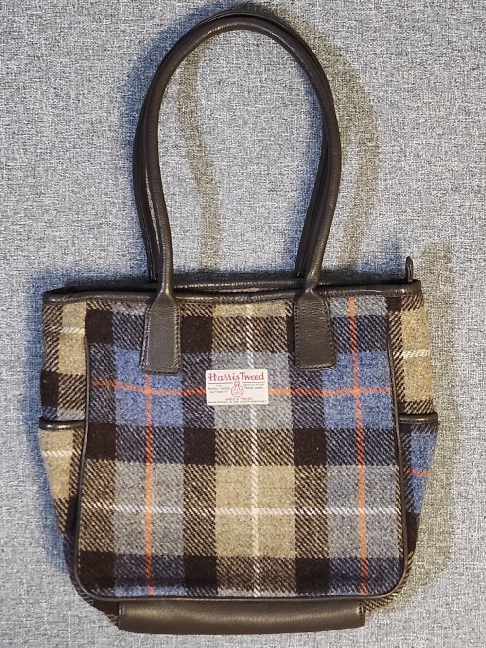 Harris Tweed Wool Plaid Handbag Purse Brown Blue Tartan Leather Trim Tote Bag